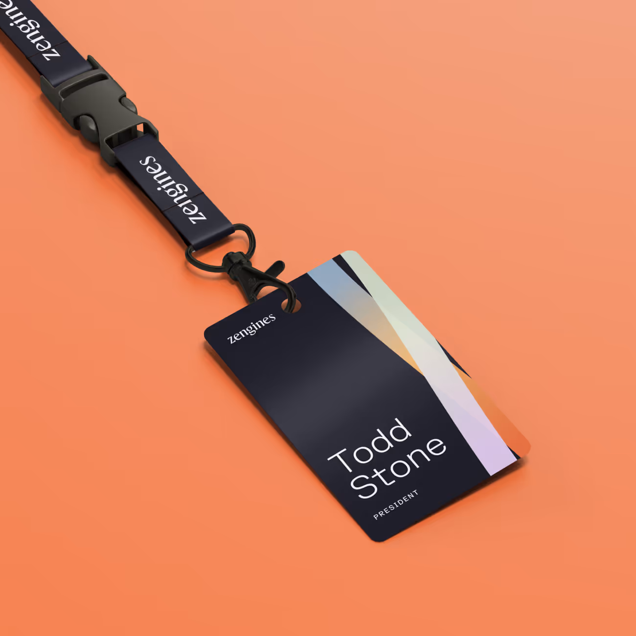 Mockup of a Zengines lanyard and ID badge