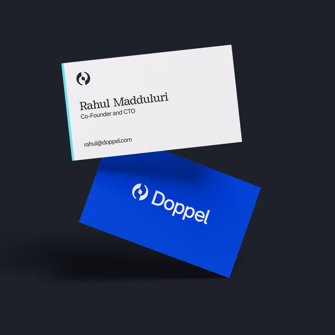 Two business cards floating on a dark background; the top card is white, the bottom card is blue with the Doppel logo and text.