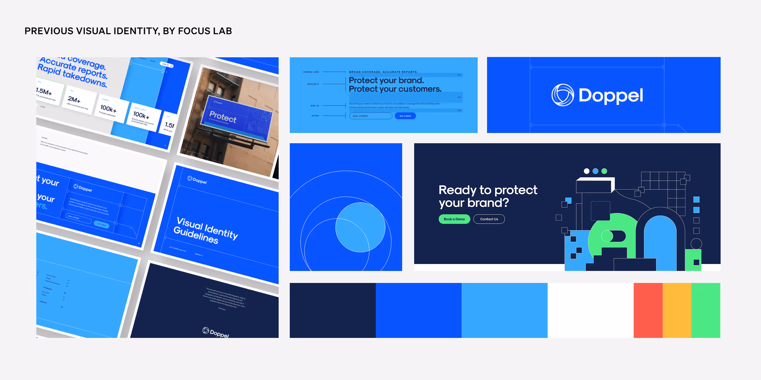 Collage of visual identity elements for Doppel by Focus Lab, including brand guidelines, logo designs, web page mockups, UI elements, and color palettes in blue, green, red, and orange tones.