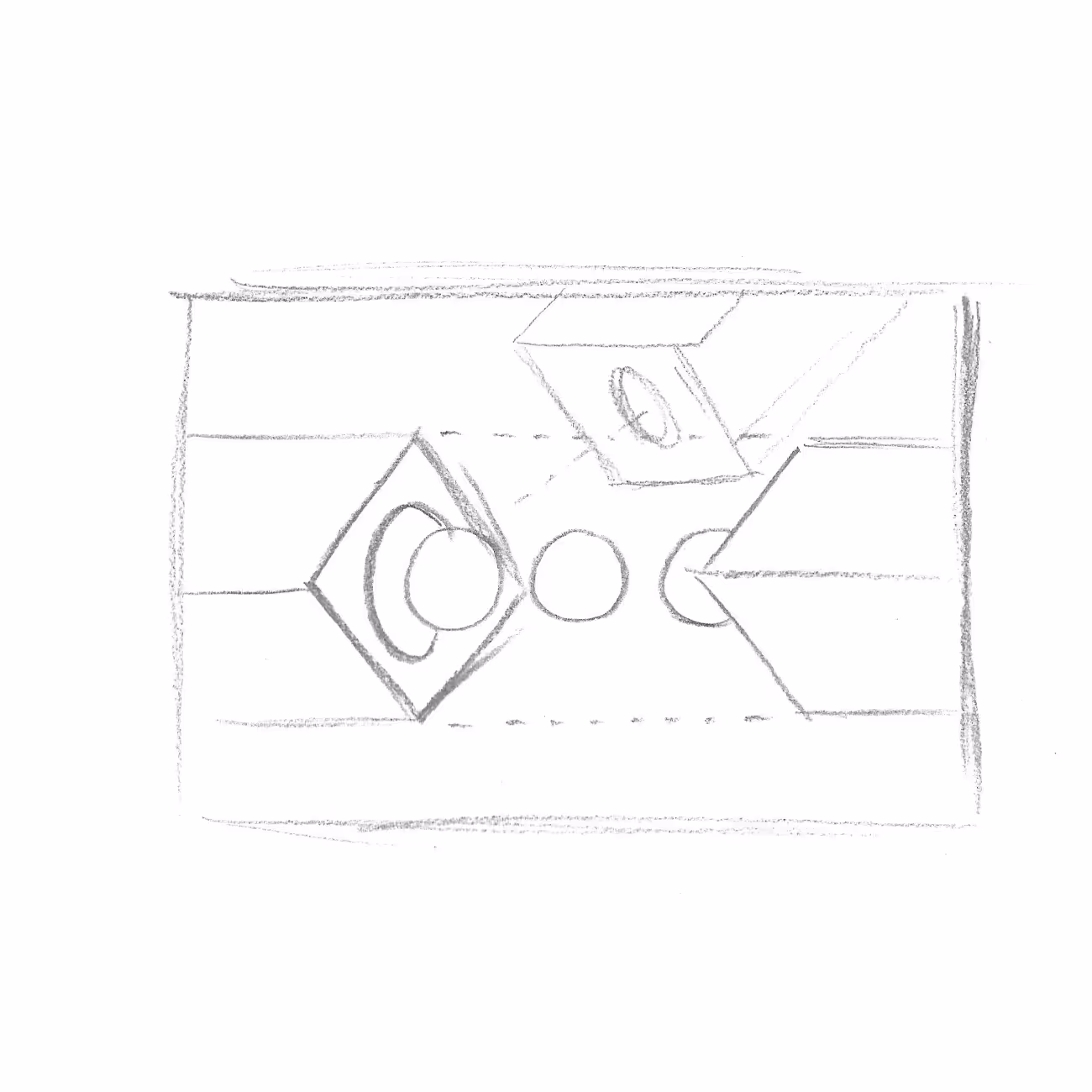 Pencil sketch showing a sequence of round objects moving through differently shaped openings, including a square hole, a circular hole, and a hexagonal hole.