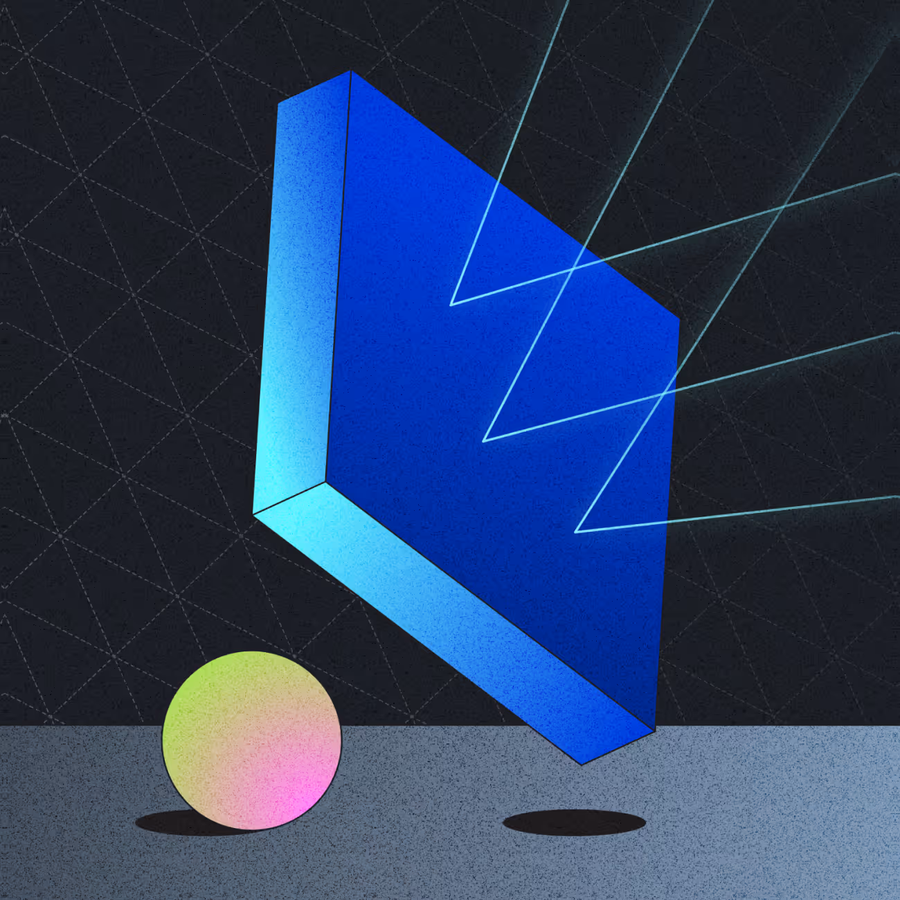 Digital illustration of a floating blue rectangular prism emitting intersecting light beams above a multicolored sphere on a gray surface.