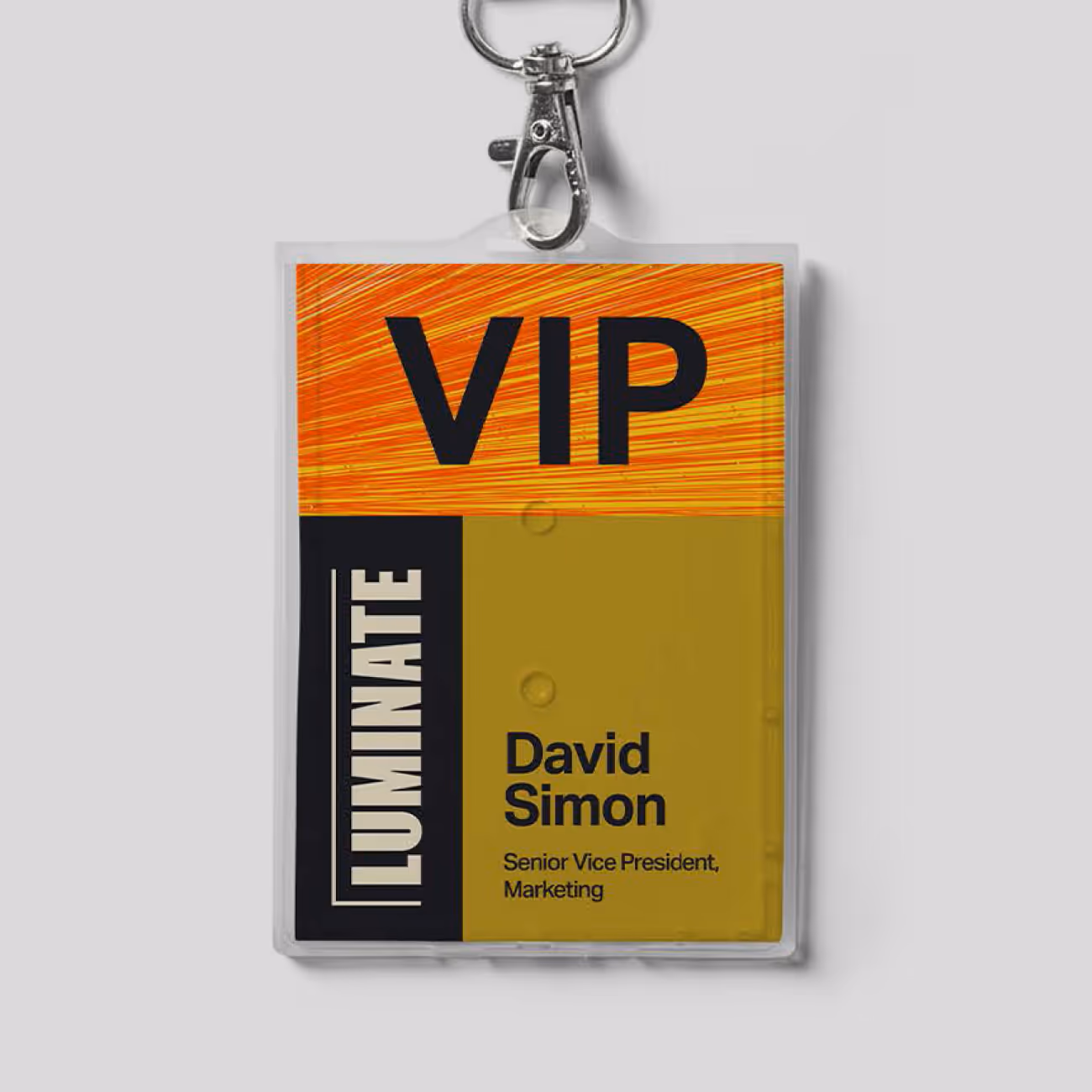 VIP badge hanging from a metal clip 