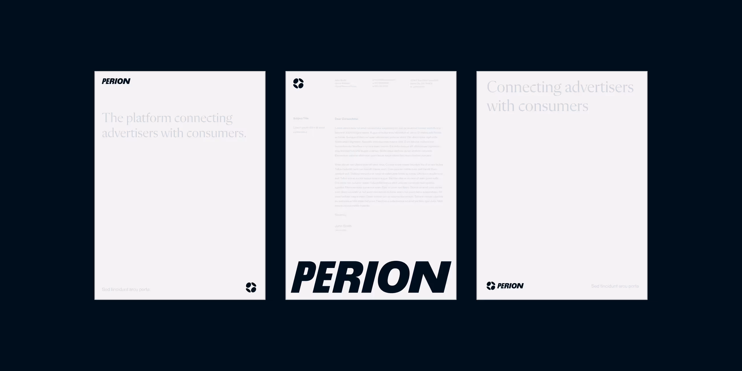 Three white Perion branded letterheads with text and logos on a dark background.