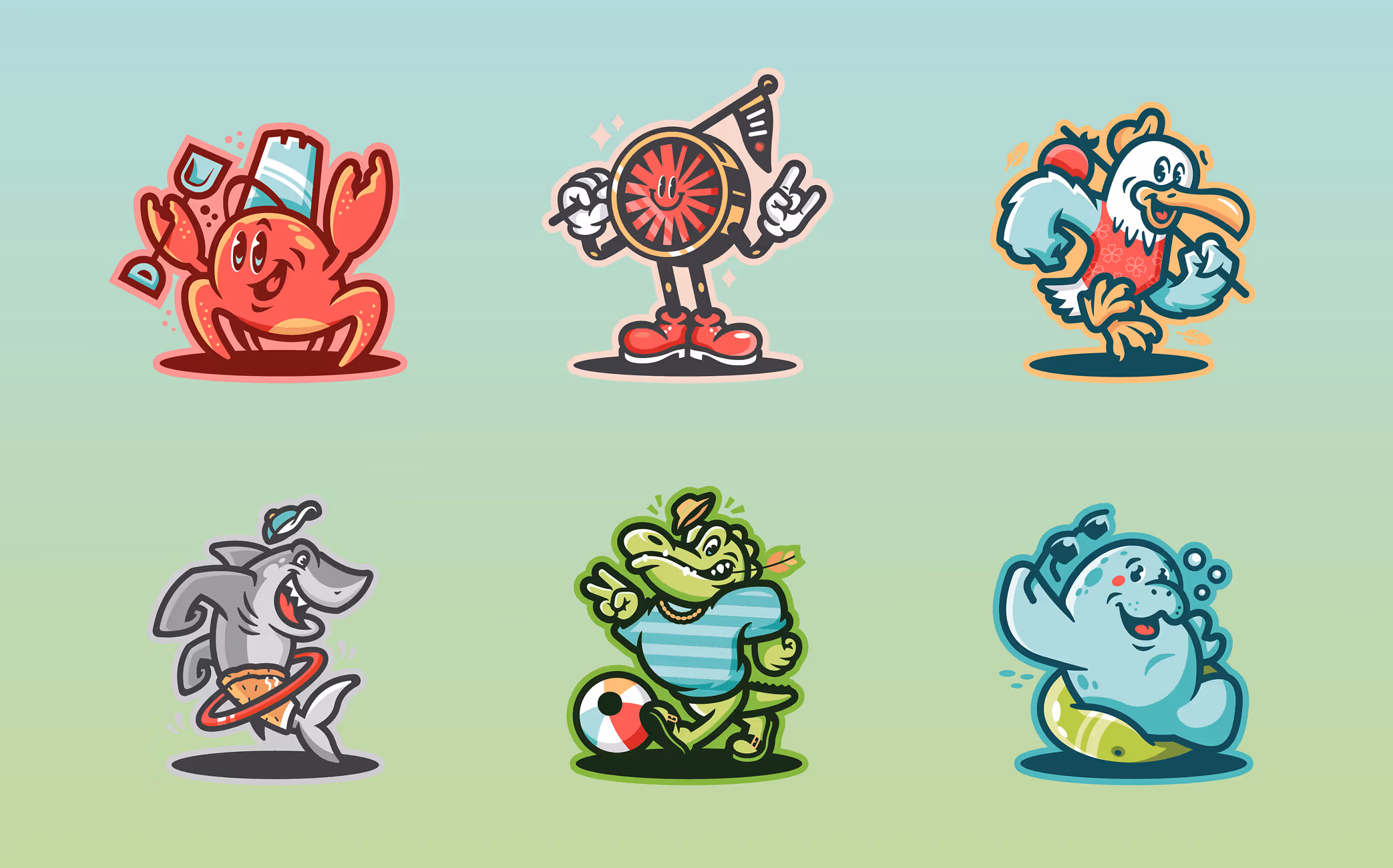 Six colorful cartoon mascots: a red crab with a drink, a smiling Focus Lab logo with legs and a flag, a happy bird in a red floral vest, a shark with a hula hoop and hat, a green alligator with a beach ball and hat, and a cheerful manatee wearing sunglasses and a float ring.