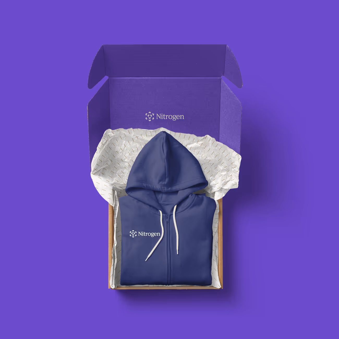 Folded navy blue zip-up hoodie with white drawstrings inside an open purple box lined with white patterned paper, both showing the Nitrogen logo.
