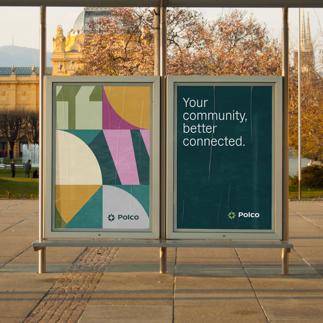 Two side-by-side bus stop posters, one with colorful abstract shapes and Polco logo, the other with text 'Your community, better connected.' and Polco logo.