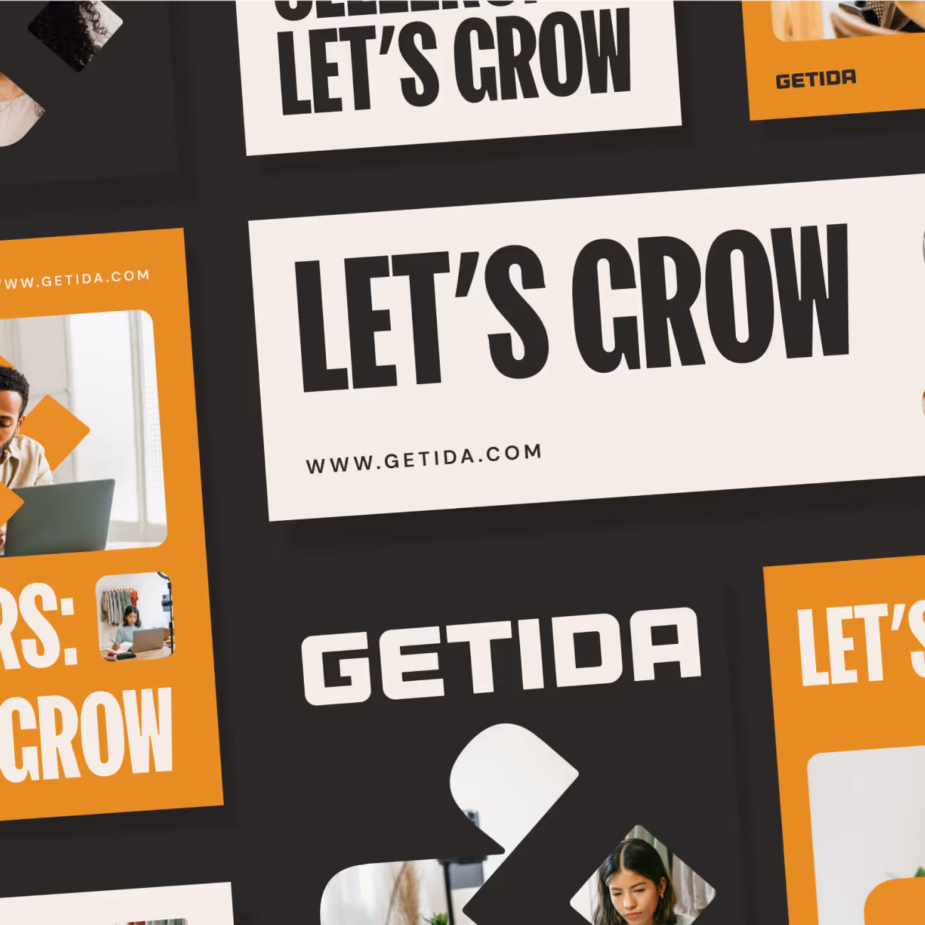 Collage of promotional cards with bold texts 'LET'S GROW' and 'GETIDA' alongside images of people working on laptops.