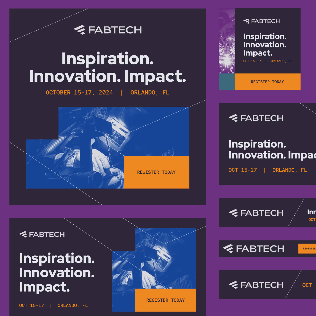 FABTECH event ads with text Inspiration Innovation Impact and welding worker image, dates Oct 15-17, 2024, Orlando