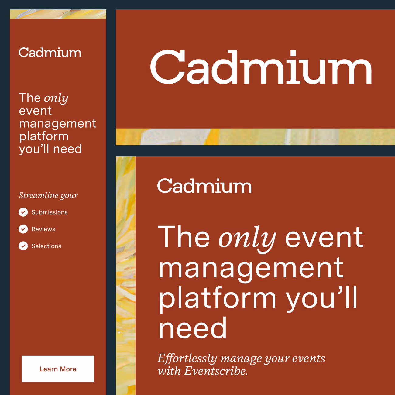 Advertisement for Cadmium event management platform highlighting streamlined submissions, reviews, and selections with a Learn More button.