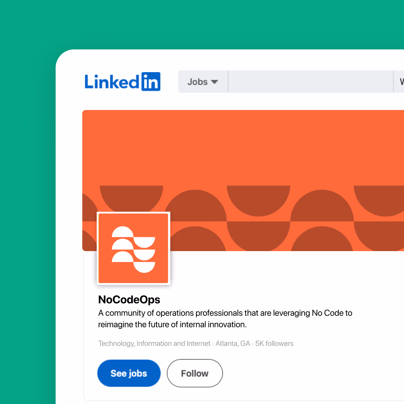 LinkedIn page showing NoCodeOps community profile 