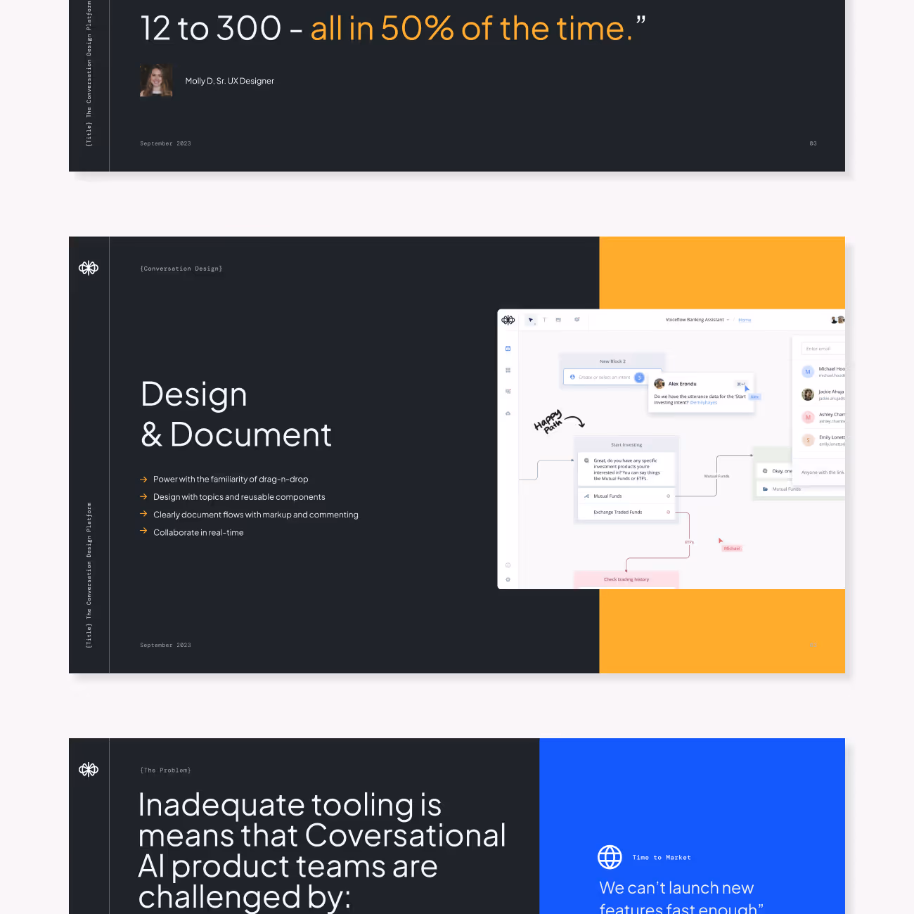 Slides showing UX design quotes and a conversation design tool interface with points on design documentation and AI tooling challenges.