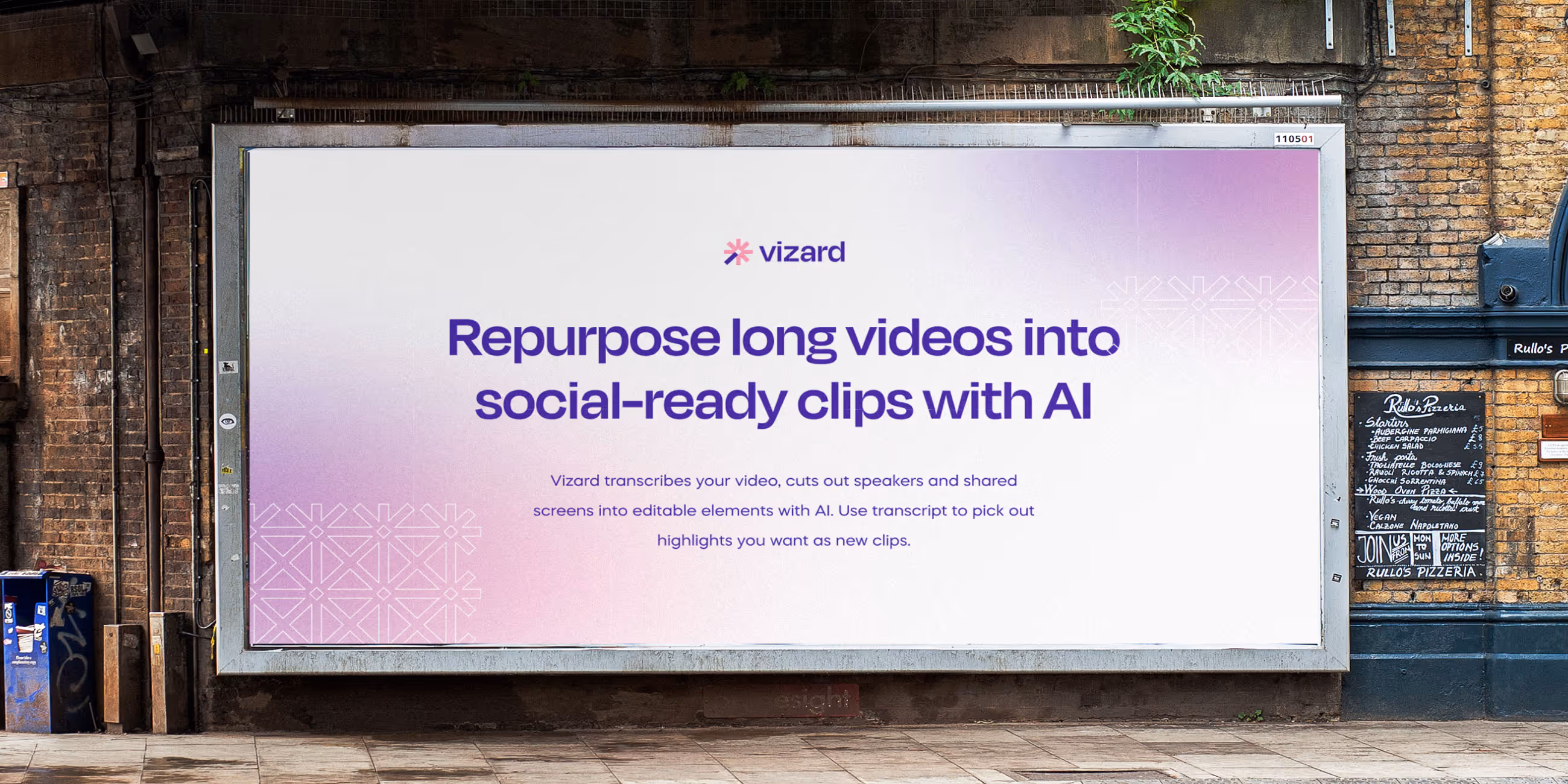 Outdoor billboard advertising Vizard with the text 'Repurpose long videos into social-ready clips with AI' and a description about transcribing videos and editing clips using AI.