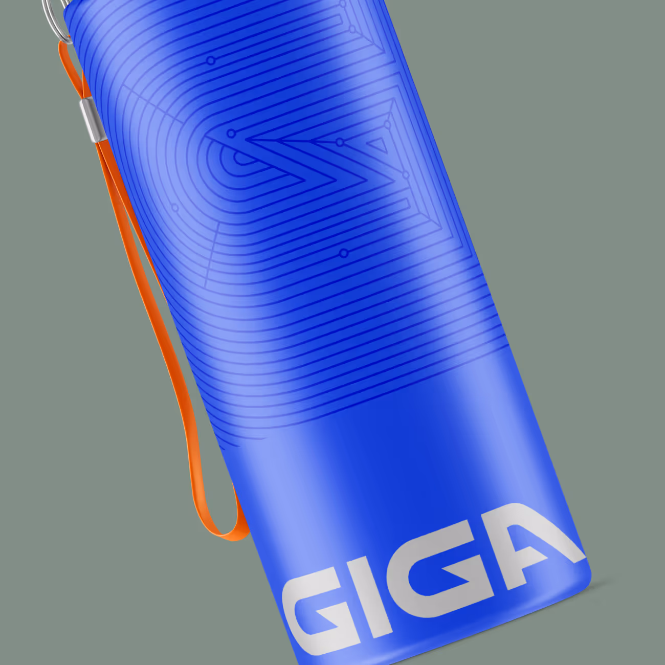 Blue water bottle with geometric circuit design and 'GIGA' text, plus an orange strap on green background.