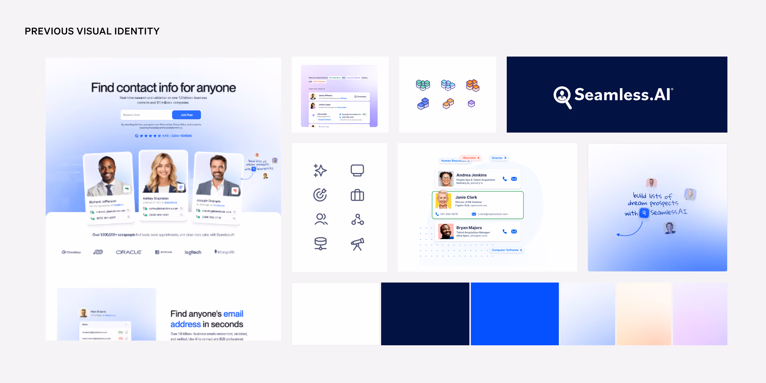 Collage showing previous visual identity with Vizard logo on blue background, Poppins font alphabet samples on red background, social media apps with video thumbnails, woman working on laptop, and website homepage with blue theme.