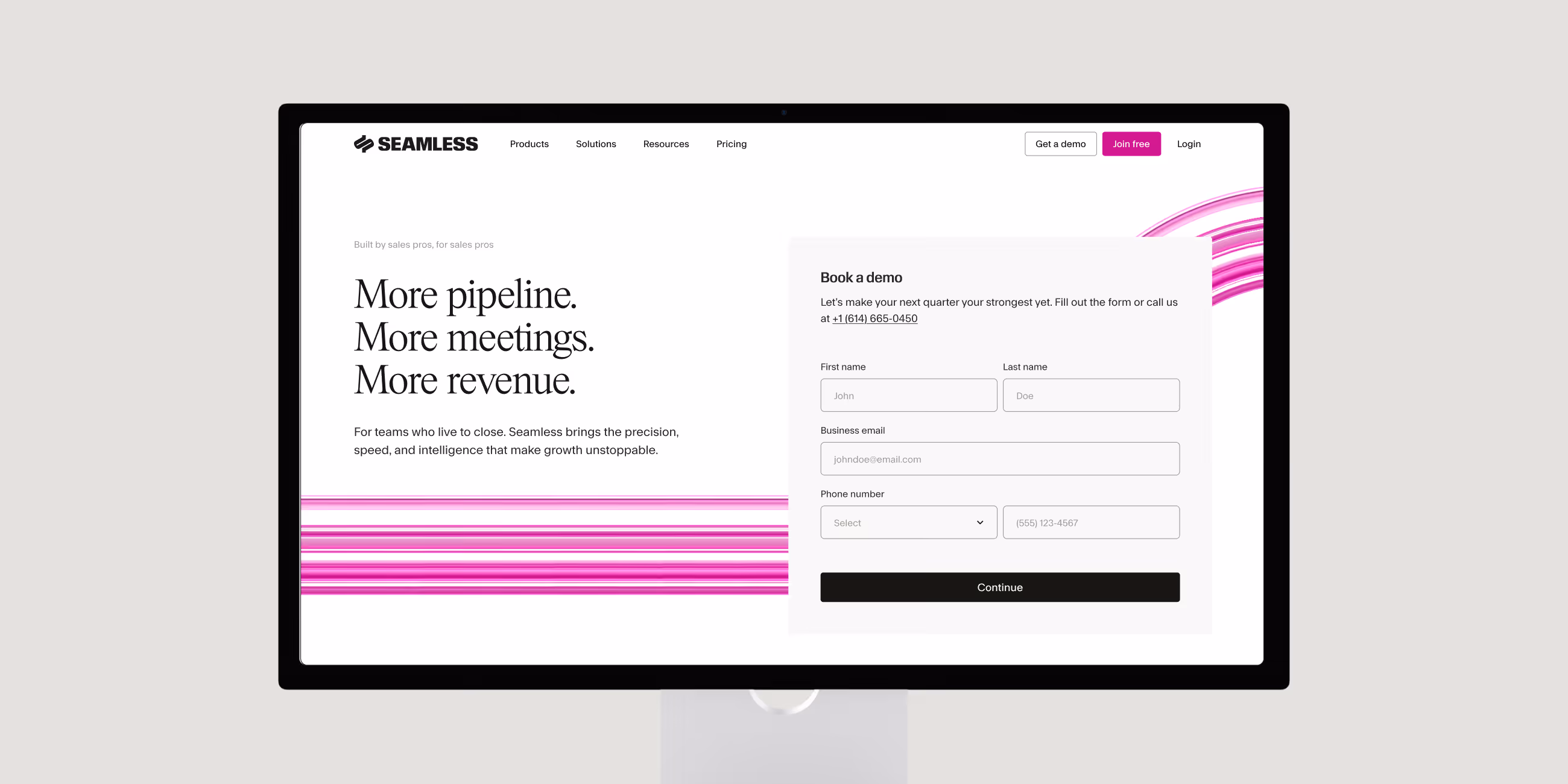 Seamless website showing demo booking form with fields for name, email, and phone number.
