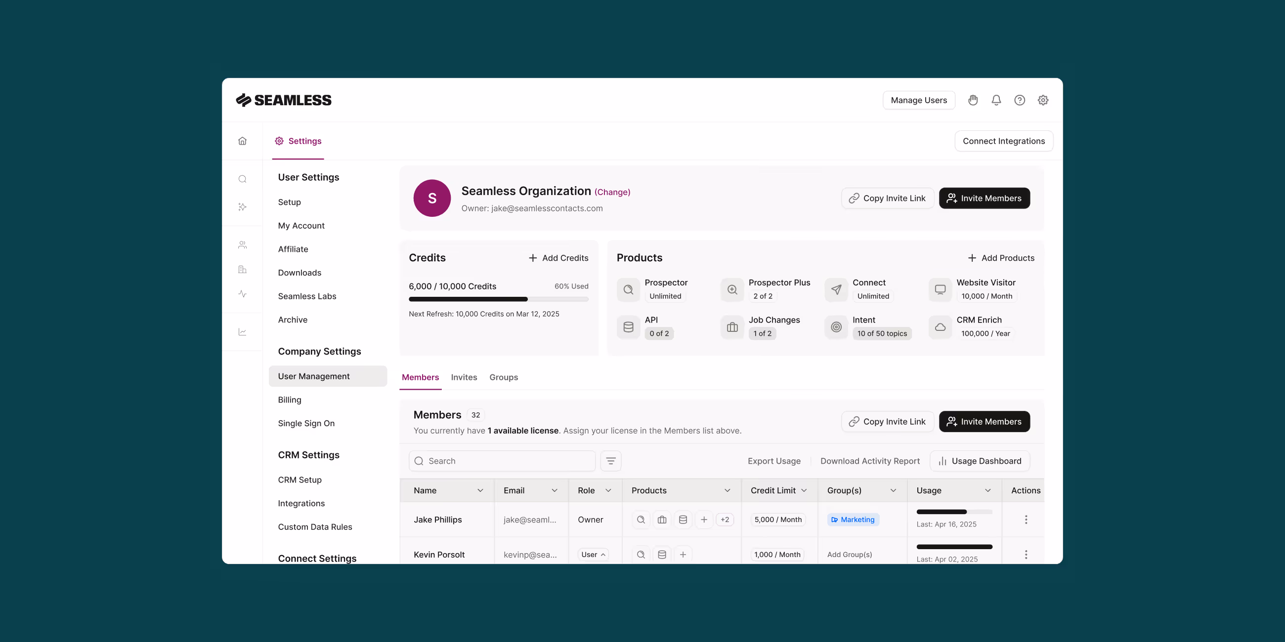 SEAMLESS app user management screen showing credits, products, members list, and settings options.