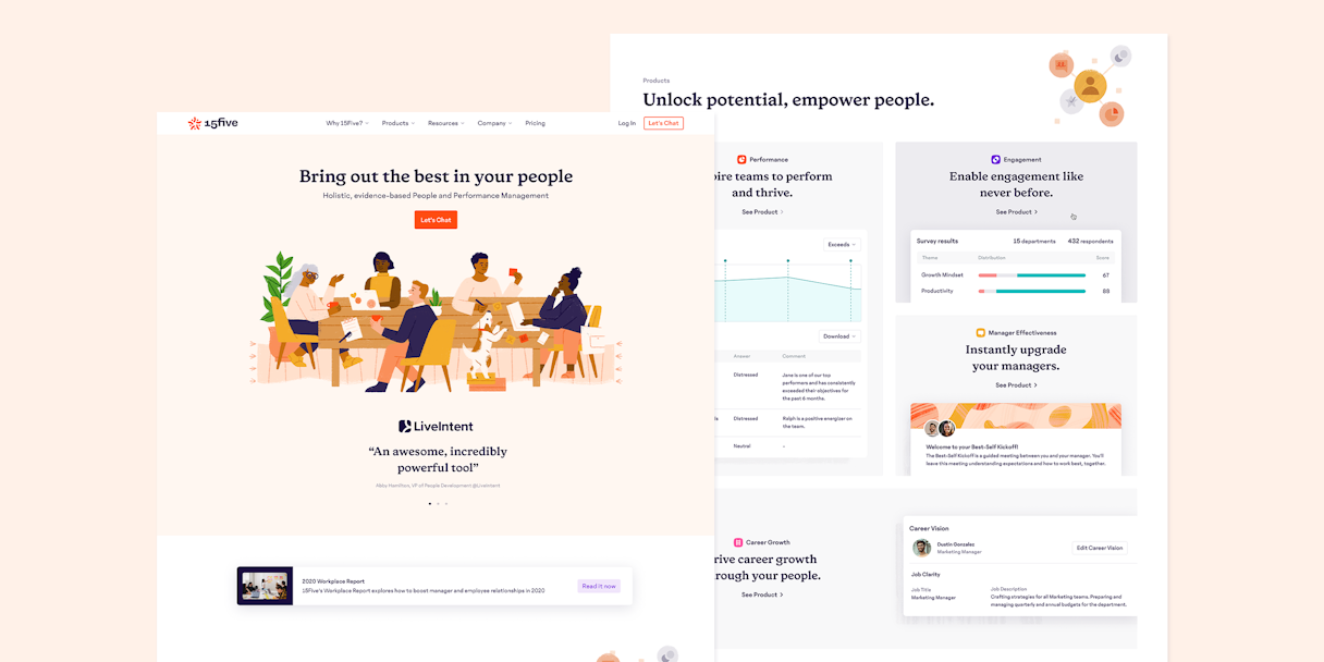 A few sample pages of the 15Five web experience