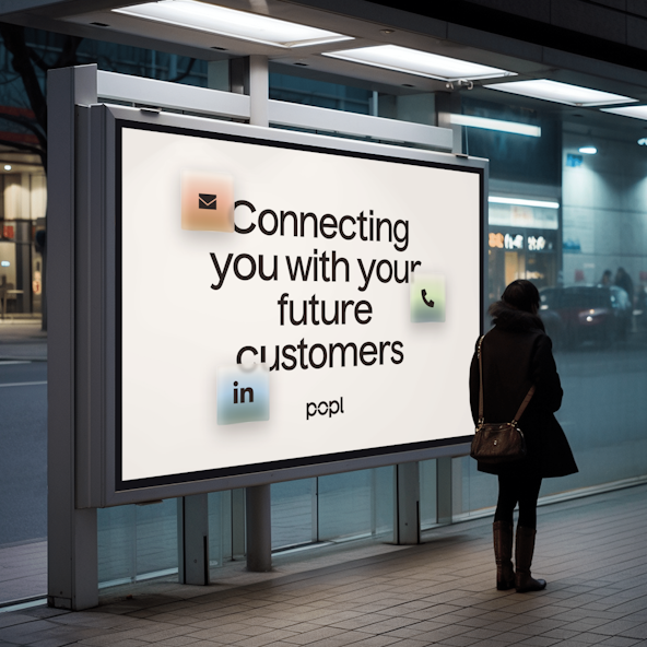 Outdoor billboard displaying the message 'Connecting you with your future customers' with icons for email, phone, and LinkedIn around the text.