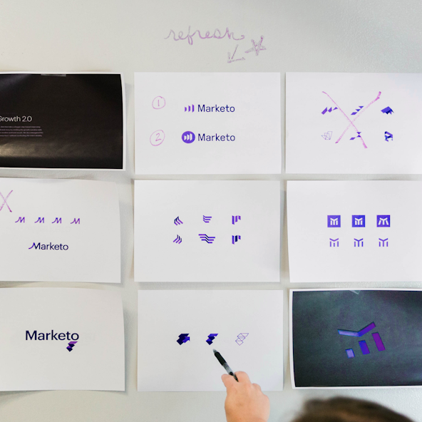 Early Marketo visual exploration posted up on a wall.