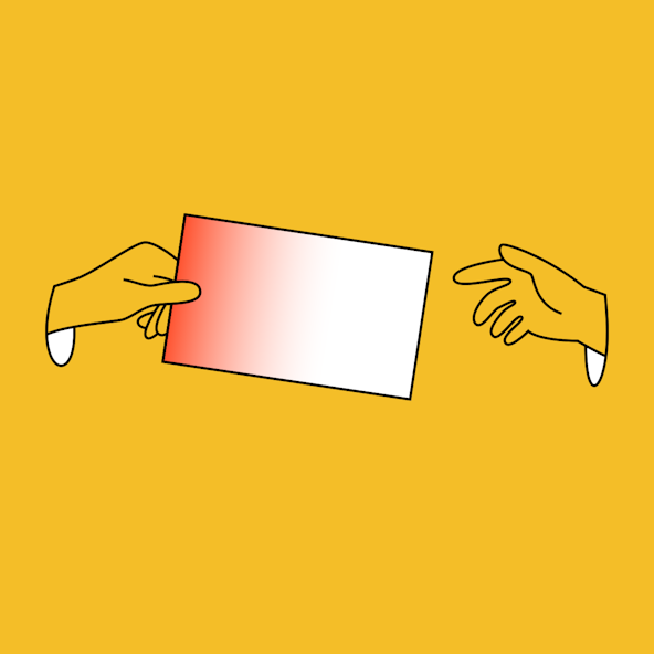 An illustrated hand gives a spreadsheet rectangular cell to another hand.
