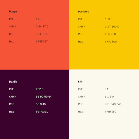 The main color palette for Rows with floral names. Poppy (red), Marigold (yellow), Dahlia (dark purple), and Lily (light cream)